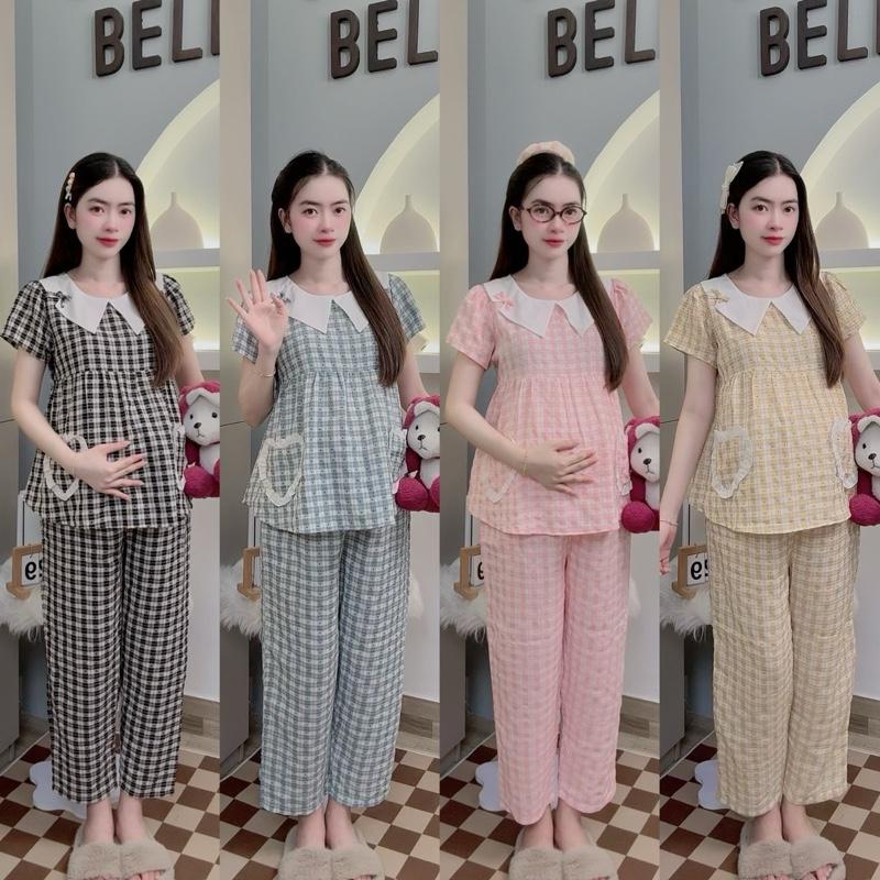 Bộ Đồ Bầu Mặc Nhà Caro Cổ Sen Tim Ren – Chất Thô Cotton Caro Hạt