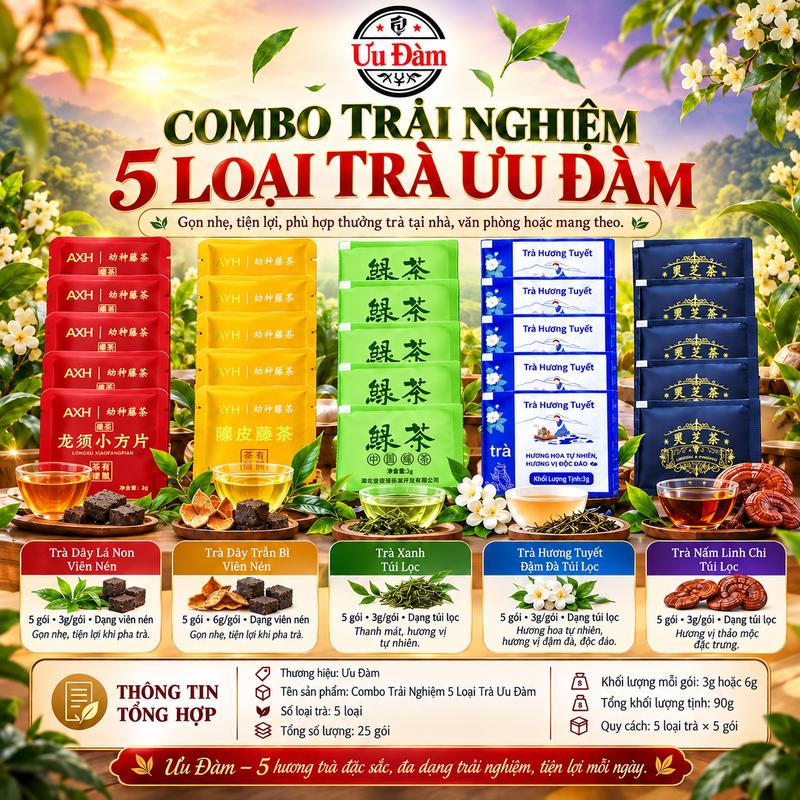 Combo 5 Loại Trà Ưu Đàm 25 Gói 90g – Trà Xanh, Trà Hương Tuyết, Trà Nấm Linh Chi, Trà Dây Lá Non, Trà Dây Trần Bì