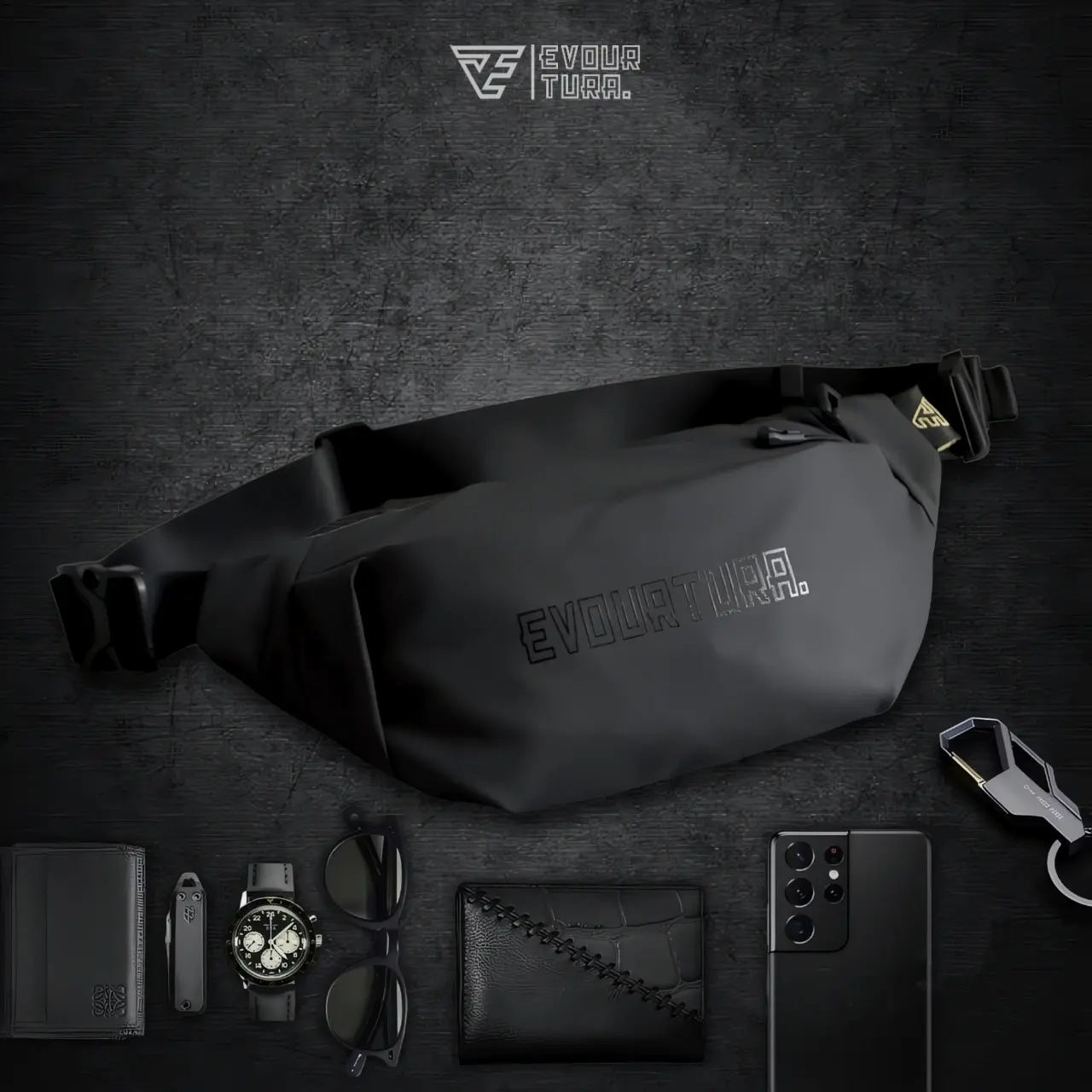 Evourtura Tas Premium Anti Air Waistbag Waterfroop Tas Pinggang,Tas Bahu Pria Dewasa/Remaja Hitam Slingbag
