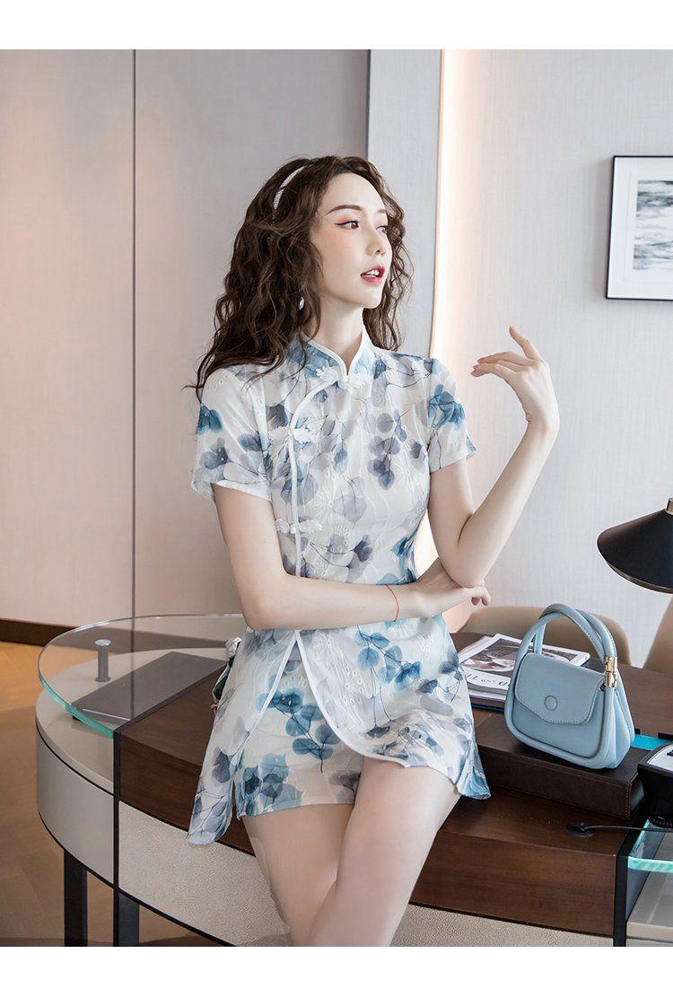 Product Introduction of 2024 Summer New Korean Style Elegant Young Style Embroidered Slimming Improved Cheongsam Dress Shorts Two-piece Suit 13