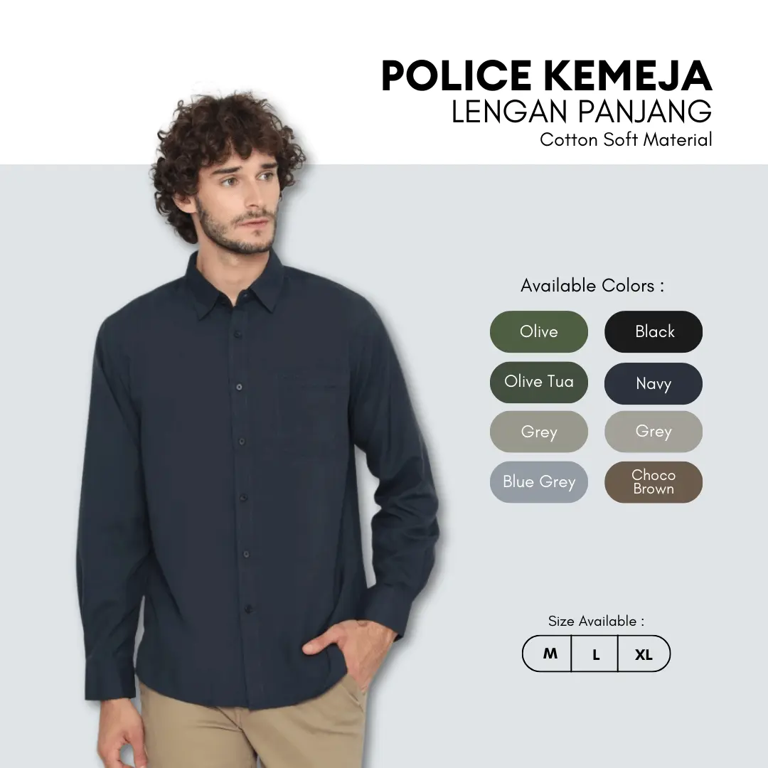 POLICE Kemeja Polos Basic Cotton Soft Regular Fit Lengan Panjang Pria