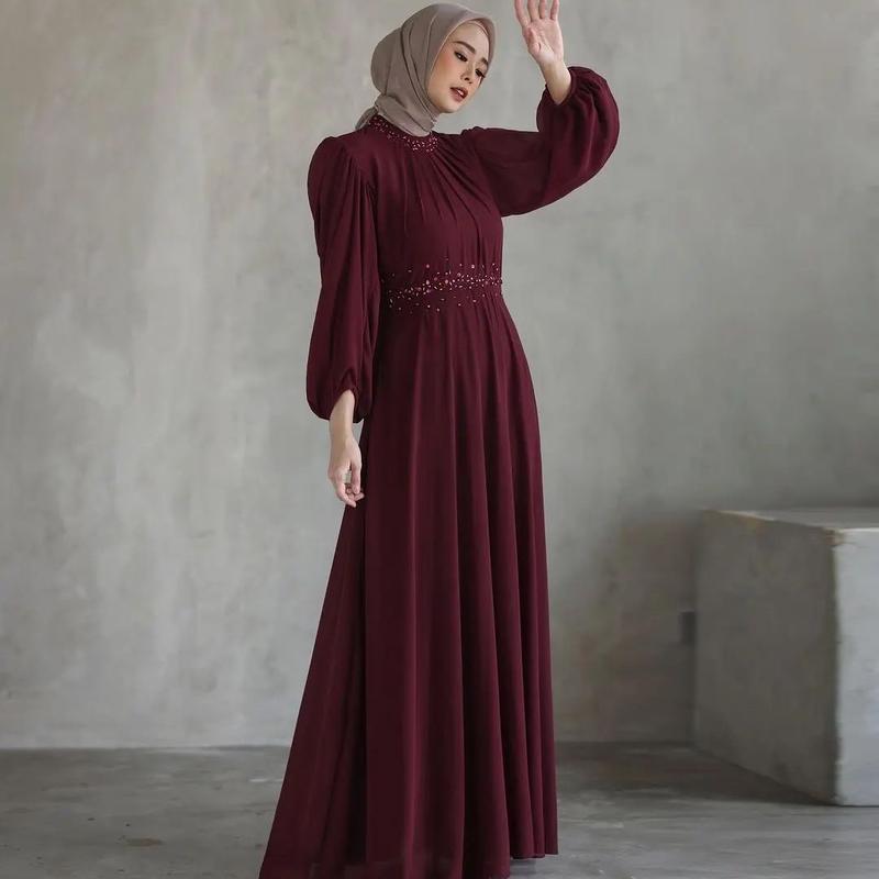 Kamari Dress Model Polos Gamis Ceruty Babydoll Full Furing Aplikasi Mutiara Tangan Balon Nyaman Kondangan Cantik - Muslim Pesta Mewah Lebaran baju sarim bit brokat miagama melayu murah simpel syari muslimah swaroxy vina dres marun burgundy brukat ceruty b 1