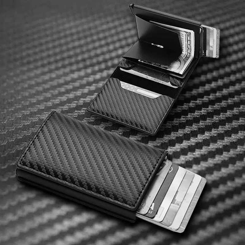 Dompet untuk Lelaki, CSONLINEMALL, Diperbuat daripada Kulit PU, dengan Pemegang Kad, Perlindungan RFID, Saiz Mini dan Langsing, Bahan Aluminium, Auto POP Up, Sesuai sebagai Hadiah untuk Lelaki, Beg Hitam, Dompet Wallets dompet  carbon  fiber inda  wallet