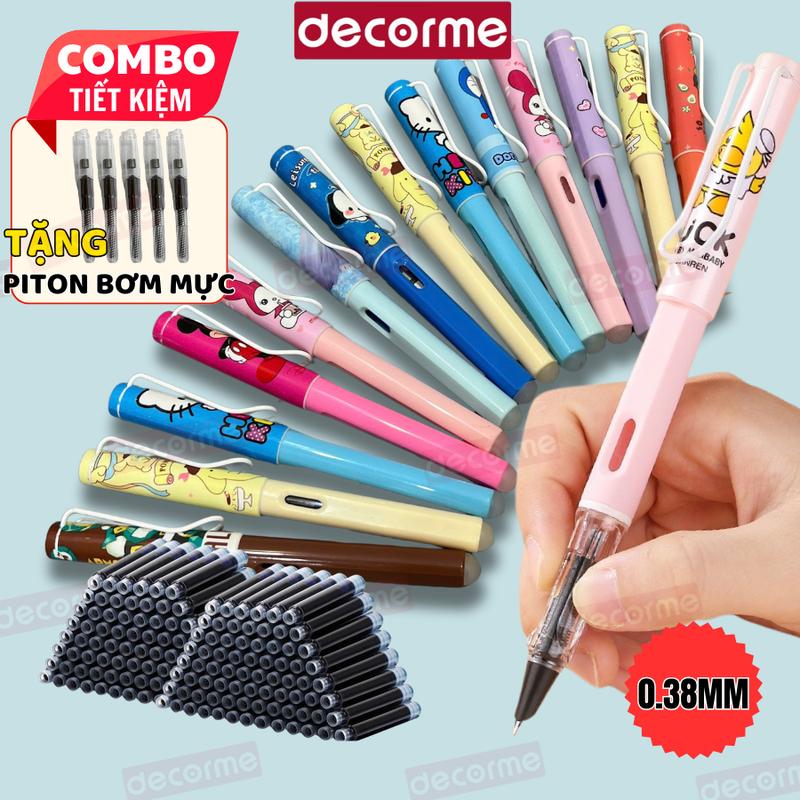 Tặng piton Combo 5 bút + 10 ống mực bút máy hoạt hình tẩy xóa được Decorme chất lượng cao ngòi 0.38mmcó thể dùng cả mực bơm và mực ống