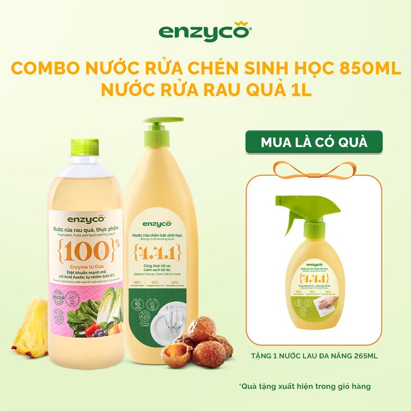 [GIAO HỎA TỐC] Combo Nước ngâm rửa rau củ quả, thực phẩm sinh học Enzyco 1000ml và Nước rửa chén bát sinh học hương Gừng ENZYCO 850ml