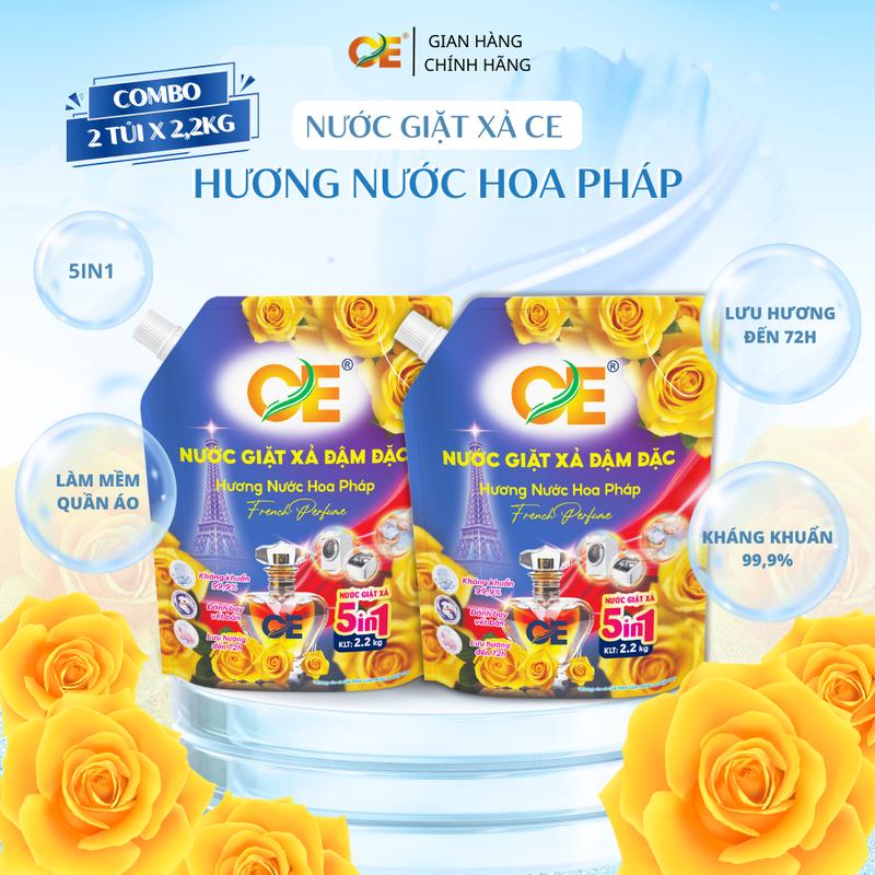 COMBO 2 TÚI x 2,2kg Nước Giặt Xả Đậm Đặc CE 5in1 Hương Oải Hương Hương Nước Hoa Pháp Hương Downy Nắng Mai Lưu Hương 72h An Toàn Cho Da Nhạy Cảm