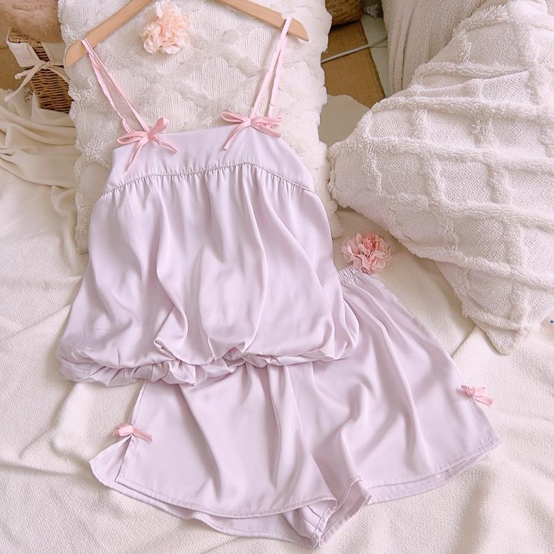 Maisleepwear Bộ Dây Áo Bí Quần Ngắn Trơn Lụa Mặc Nhà MS1255