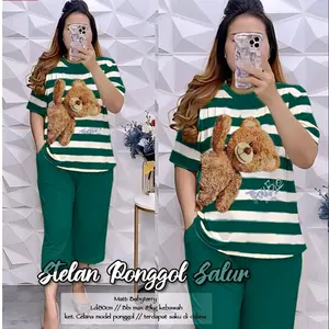 Setelan Ponggol Salur // Setelan Kaos Wanita // Setelan Celana Pendek