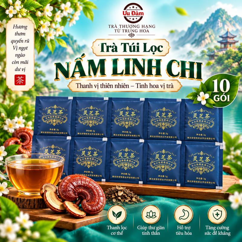 Trà Thảo Mộc Linh Chi Túi Lọc, Gồm Linh Chi Khô Và Bột Bào Tử, Đóng Gói Từng Gói, Dễ Pha, Phù Hợp Thưởng Thức Và Làm Quà