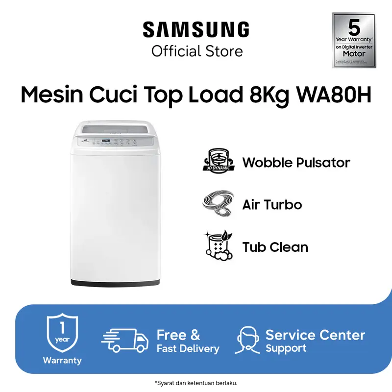 Samsung Mesin Cuci WA80 Top Load Wobble Technology 8kg - WA80H4200SW/SE