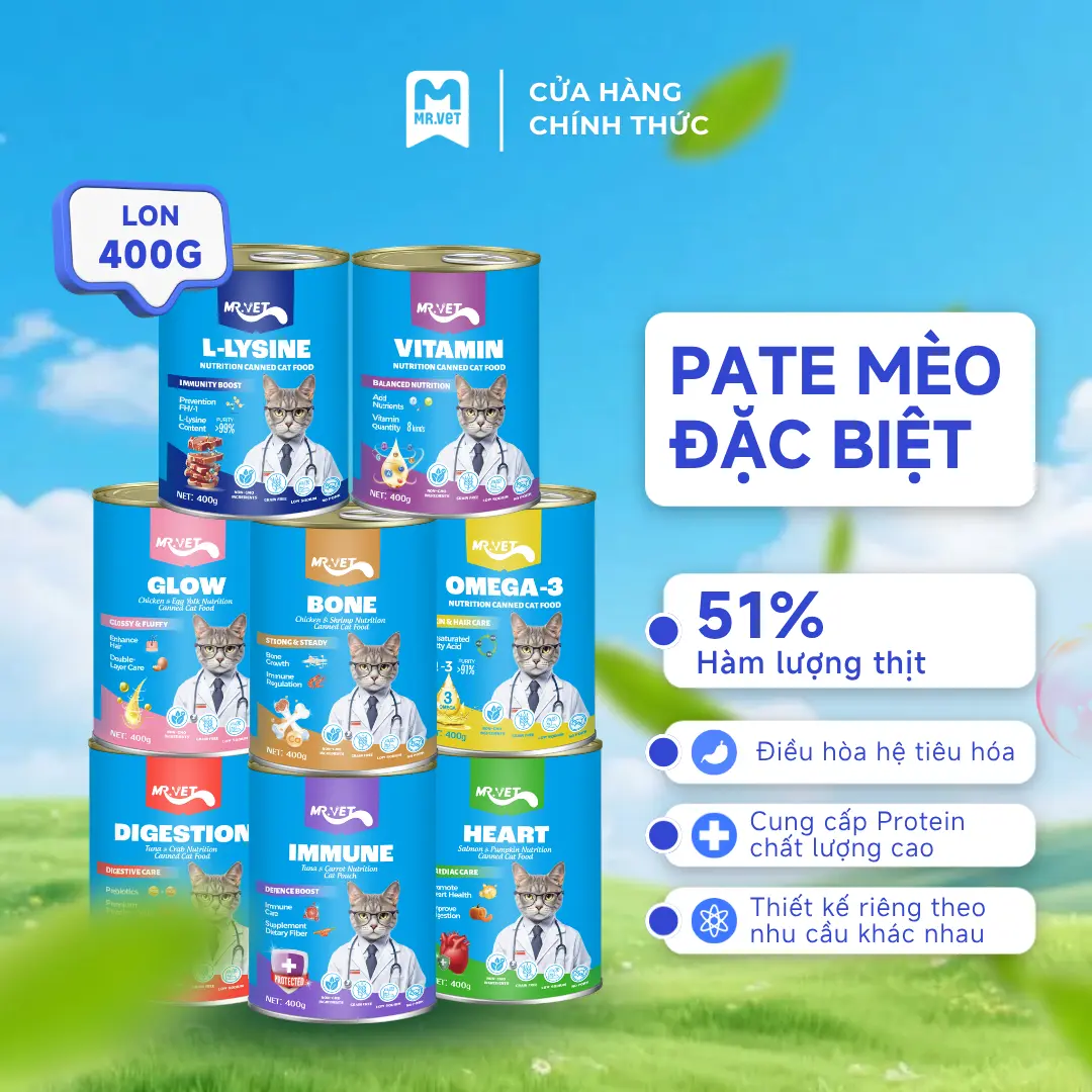Thức Ăn Cho Mèo MRVET Dạng Pate Lon 400G Tiêu Hóa, Sáng Mắt, Mượt Lông, Tăng Sức Đề Kháng