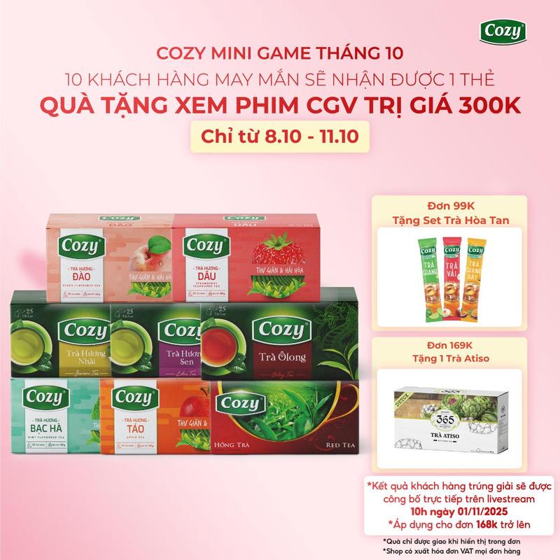 [DEAL SỐC] Trà Túi Lọc Cozy Tea Các Vị Trà Ô Long, Trà Xanh Thái Nguyên, Hồng Trà, Trà Sen, Trà Xanh Nhài, Trà Đào, Trà Dâu, Trà Vải, Trà Quế, Trà Bạc Hà, Trà Táo (25 túi lọc x 2g) Nước Trà Thơm, Chè Tươi Nguyên Chất