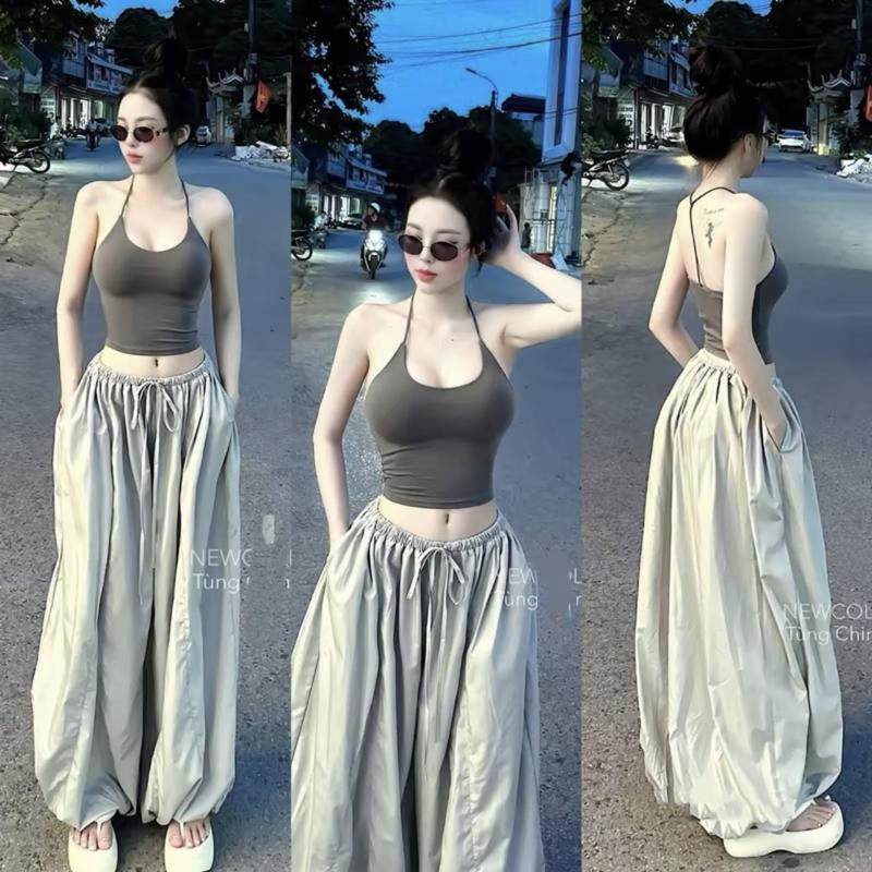 Set Áo Croptop 2 Lớp Cổ Yếm Quần Ống Thụng - Phong Cách Năng Động, Cá Tính