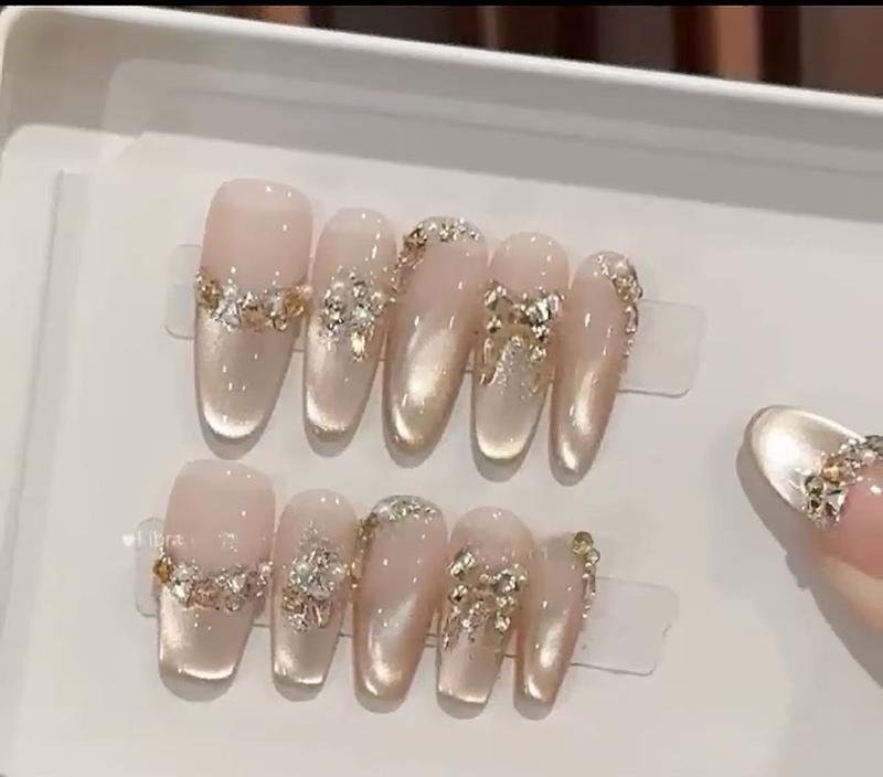   Mã B029-31  Nail Box Móng Tay Giả Màu Nude Tráng Gương Kết Hợp Mắt Mèo Màu Vàng Gold Đính Đá Basic Độ 10 Móng Có Thể Tháo Rời Tái Sử Dụng 