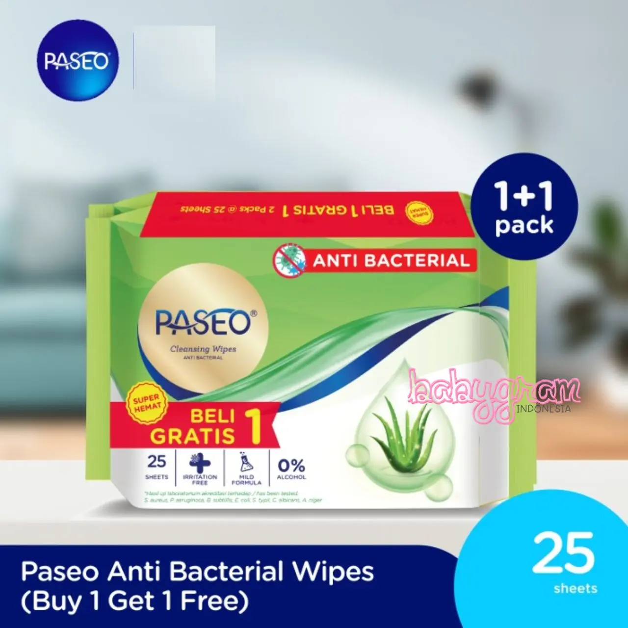 PROMO BUY 1 GET 1 PASEO HIJAU wipes 25 + 25 Sheet Antibacterial Cleansing Aloe Vera Tisu Tissu Basah Antibakteri Tissue Basah Tissue Tisu Basah PASEO ANTI BACTERIAL 25 sheet BELI 1 GRATIS 1