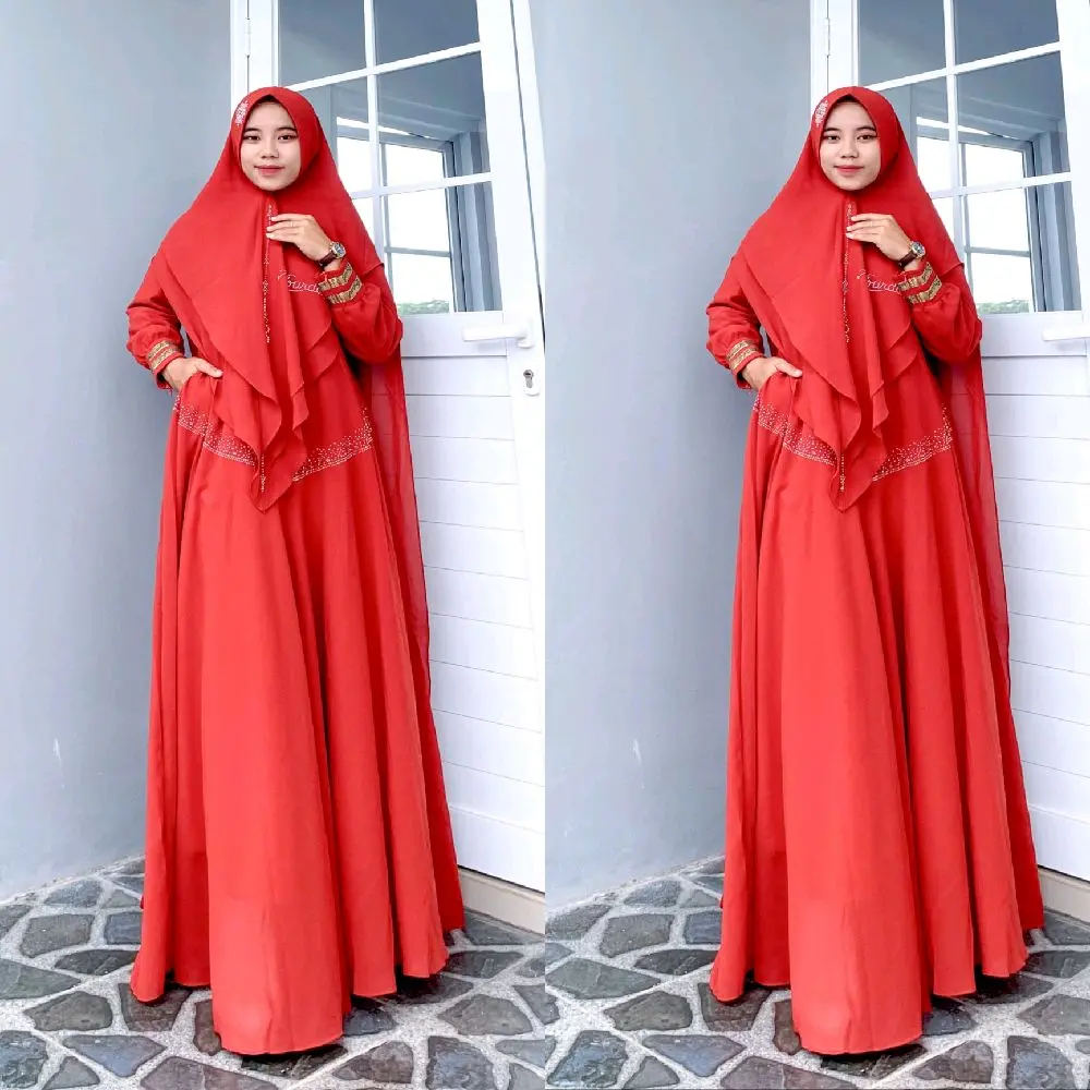 Gamis Ceruty Babydoll Polos Set Khimar Jumbo Pesta Mewah Cantik Nyaman Lebaran Wanita Muslim