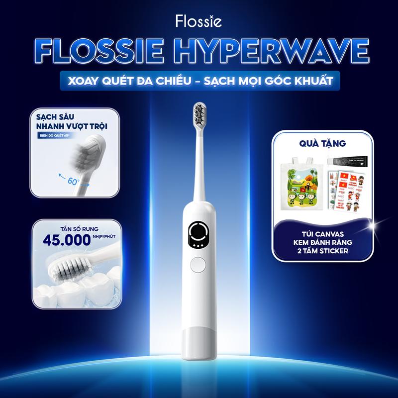 Flossie HyperWave - Bàn Chải Điện Chuyển Động Kép Rung, Góc Quét 60° - Tặng 1 Kem đánh răng + 1 Túi canvas + 2 Tấm sticker | BẢO HÀNH CHÍNH HÃNG 12 THÁNG