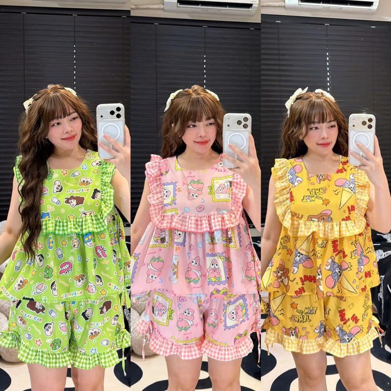   LỤA HÀN  Đồ bộ sát nách Babydoll phối bèo chất liệu lụa hàn fom áo ngắn dễ thương Phương TiPi . 