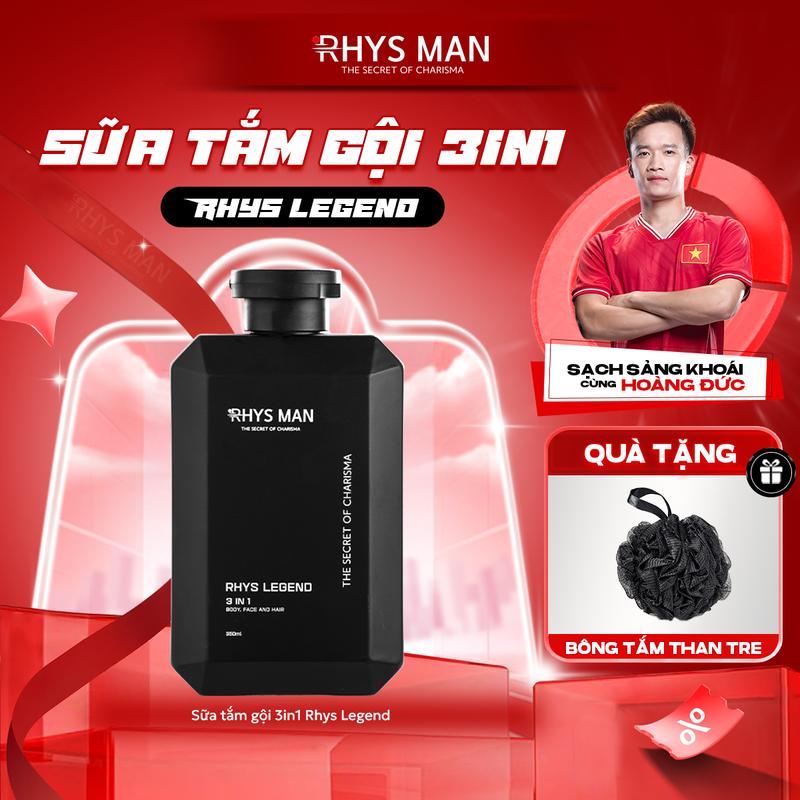 Sữa tắm gội nam RHYS MAN hương nước hoa 3in1 Rhys Legend & Rhys Noble 350ml | Mua 1 tặng Bông tắm than tre