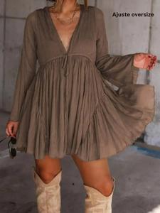 Vestido de mujer con cuello en V y manga larga, estilo vintage elegante y casual para primavera y otoño, mini vestido holgado, estilo americano retro de tela lisa