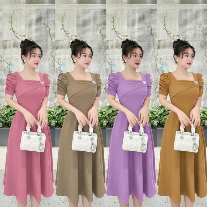 A10 Đầm Váy Nữ 9 Màu Bigsize Đi Tiệc Cổ Vuông Xếp Ly Ngực Đính Tag Đá Rời Tay Phồng Váy dài 105cm (Không co giãn)