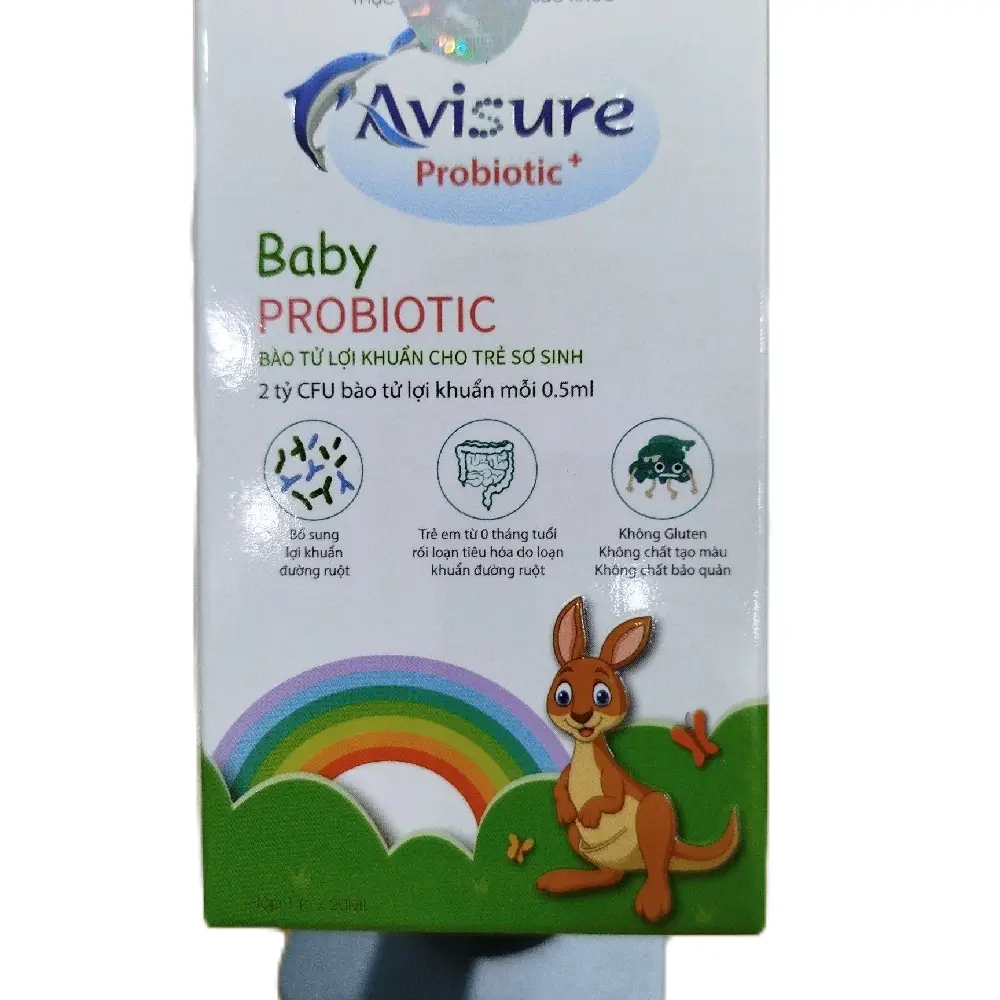 avisure probiotic baby.chứa 2tỷ CFU bào tử lợi khuẩn mỗi 0.5ml.bổ sung lợi khuẩn cho đường ruột.dùng an toàn cho trẻ từ othang tuổi.bị rối loạn khuẩn đường ruột.không chất tạo màu.tạo mùi.