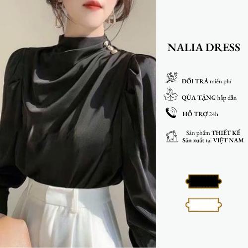 NALIA QUEEN kèm quà - Áo sơ mi lụa dài tay cổ cách điệu thời trang công sở nữ áo kiểu công sở nữ lụa cổ xếp nhẹ