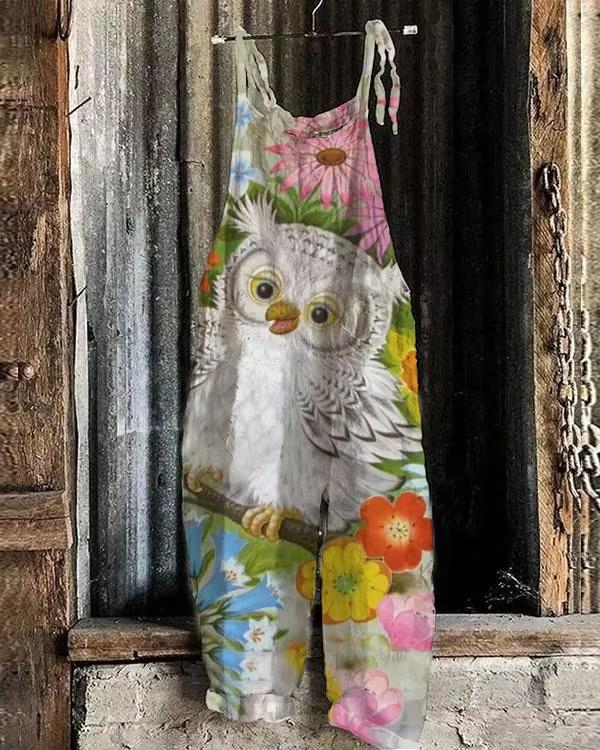 Product Introduction of 2024 new fashion trend women's summer new bohemian fashion loose and comfortable casual jumpsuit retro 3D digital owl animal print loose jumpsuit shoulder pants women's plus size S-5XL 3