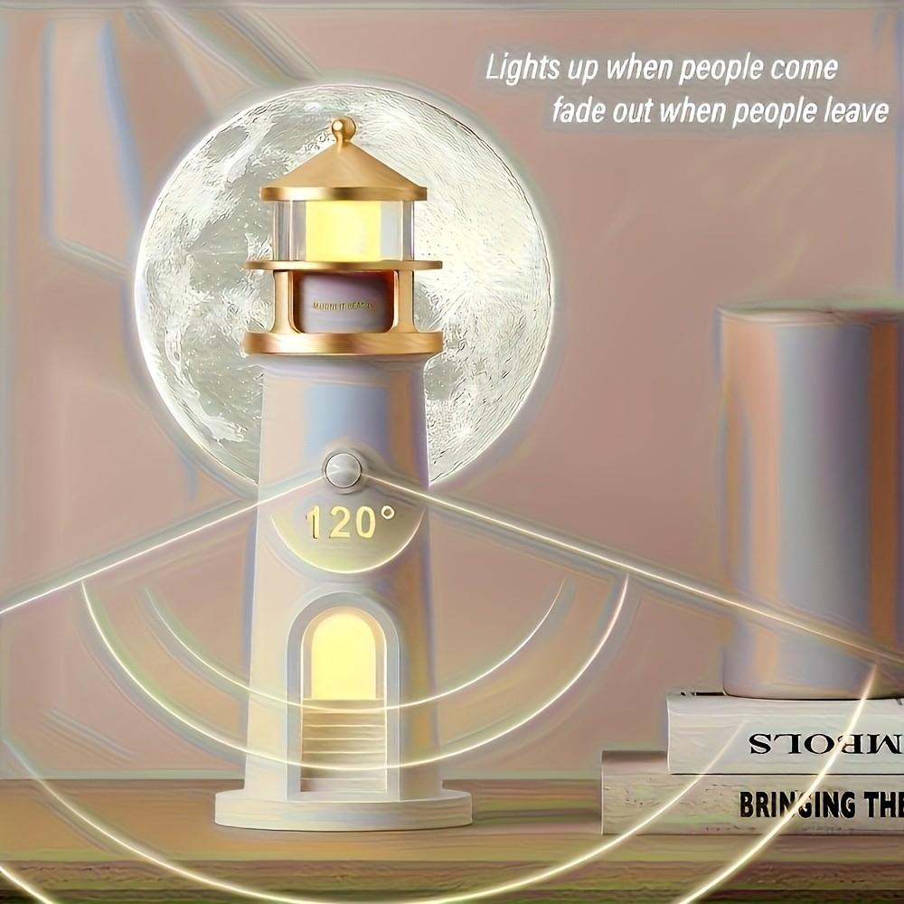 Month Moonlight Lighthouse Projector Lamp, Night Light with Motion Sensor, Smart Bedside Lamp for Bedroom, LED Moonlight Projection Ambient Light, Ceiling Wall Decorative Lamp, Removable Base for Bedroom, Holiday Gift