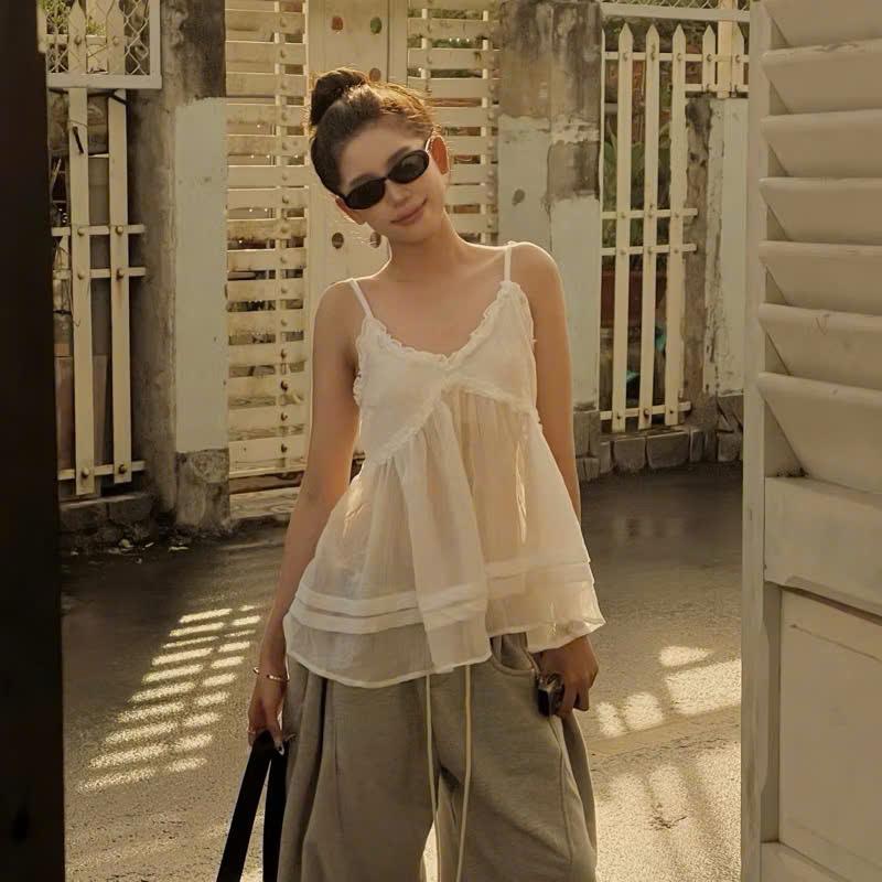  P263 - Áo hai dây babydoll dáng xòe phối bèo phong cách tiểu thư ngọt ngào chất tơ xốp 