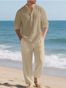 Conjunto de lino de alta calidad para hombre, camisa de botones para la playa y pantalones casuales holgados, ropa de primavera verano, tela cómoda y transpirable