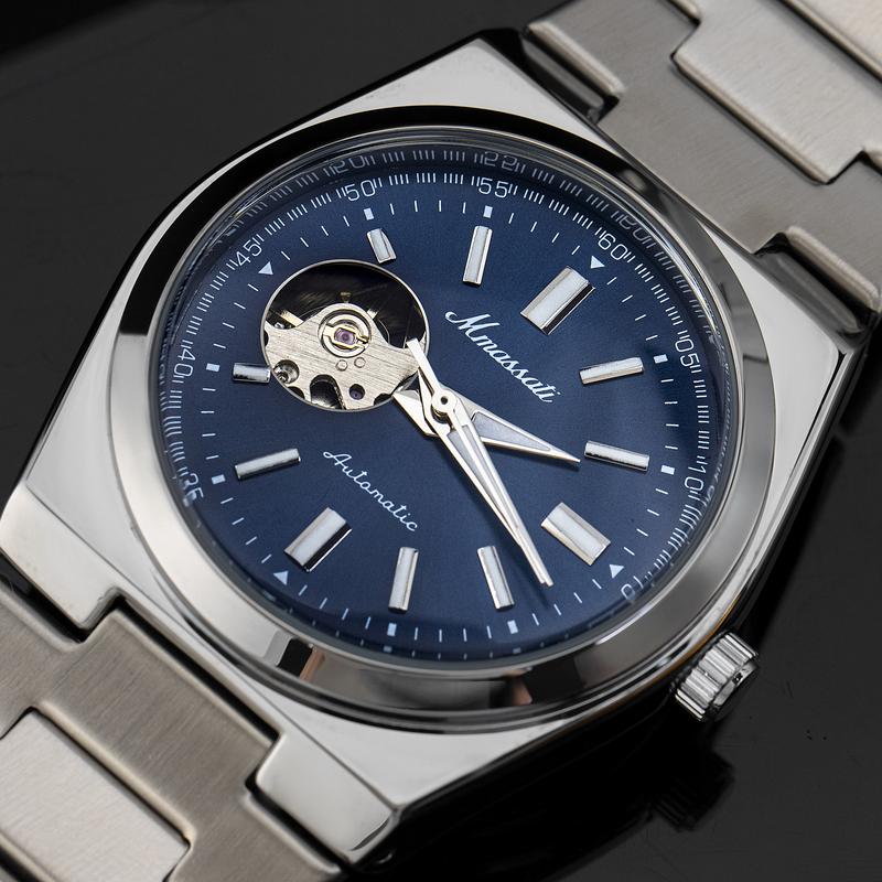   2212  N389 - Đồng Hồ Cơ Automatic Mmassati Lộ Tim – Mặt Xanh Navy Dây Thép Không Gỉ Cao Cấp 