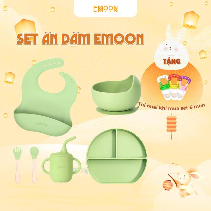 Giao Hỏa Tốc Bộ Set Ăn Dặm Silicone Emoon Bộ Dụng Cụ Ăn Dặm Emoon 6 Món Cho Bé Từ 5 Tháng Tuổi Tiện Lợi
