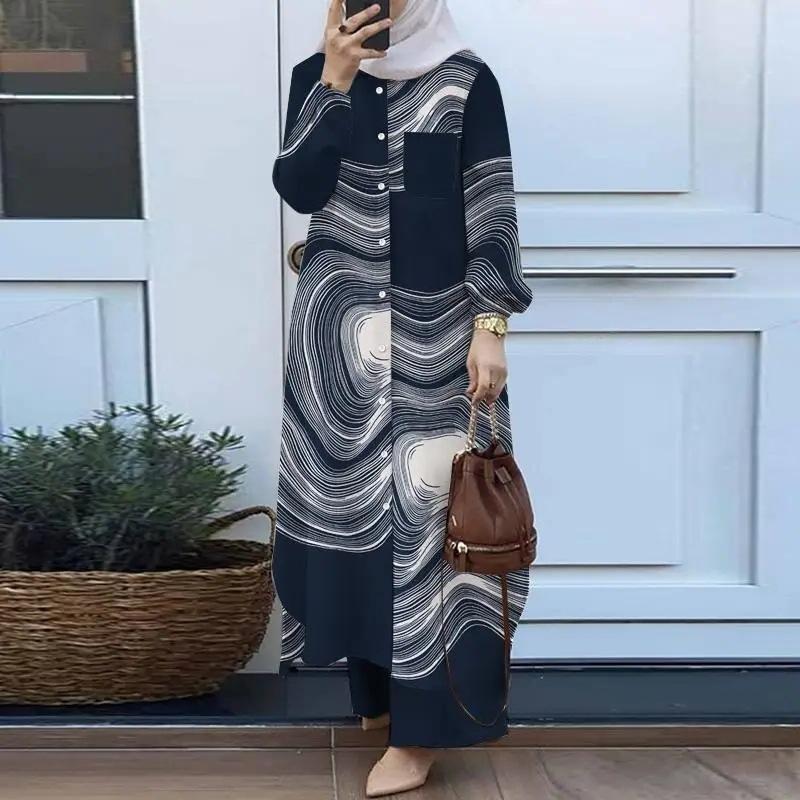 Product Introduction of Fashion printed robe set, women's long sleeved button up shirt and pants two-piece set 6