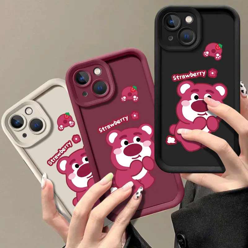 Vỏ silicon cho iPhone 15, 14Pro, 13, 12Promax, XR, XS , XsMax, 11Pro, 7plus, 8plus, 13pro, 15Pro, 14Pro, 14Pro, 14Plus, 7, phim hoạt hình màu hồng, gấu dâu tây dễ thương, bao gồm tất cả Slam 0