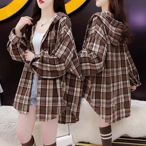 【ONE】レディース チェック柄 フード付き 長袖 シャツ 大きいサイズ (S-3XL) 体重40-130kg対応 レディース服