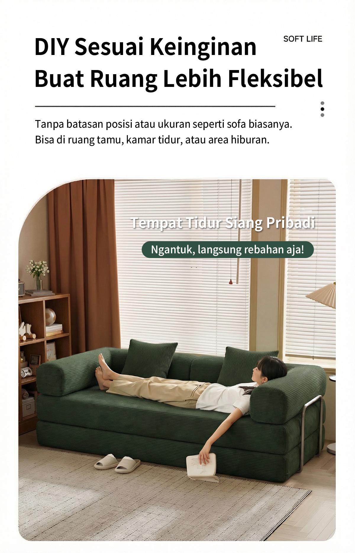 MossWood Sofa Bed Lipat Retro 2026 Desain Teddy Kecil untuk Ruang Tamu Kombinasi Moduler 2in1