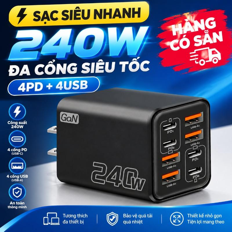 Củ Sạc Nhanh 240W 8 Cổng (4C+4U) Chuẩn PD Mới 2026 Chân EU/US