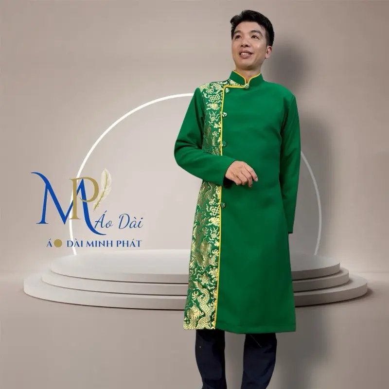 Áo Dài Minh Phát Vải Tuyết Mưa phối Gấm Hoạ Tiết Rồng Vàng  Cách tân cho nam Form Vest sang trọng Với nhiều mầu thích hợp mọi lứa tuổi Menswear 2