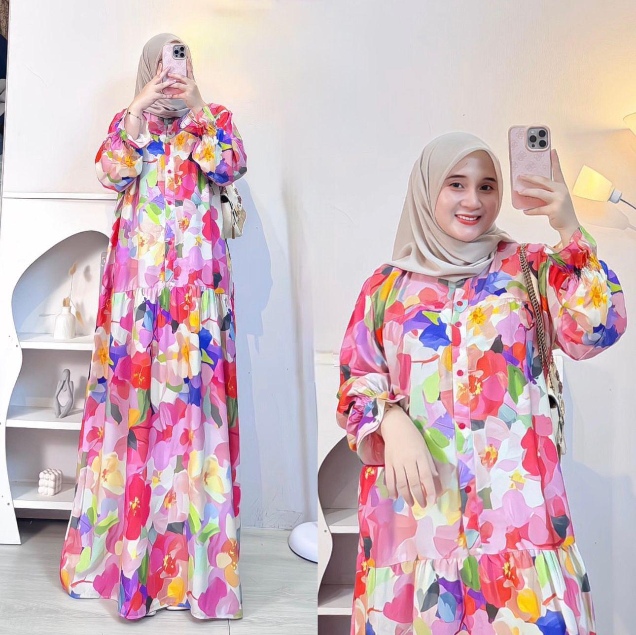 Naja.Fashion - Daisy Gamis Bunga Rayon Premium Busui Friendly Long Dress Motif Floral Korea Style Lengan Panjang untuk Tampilan Elegan dan Nyaman