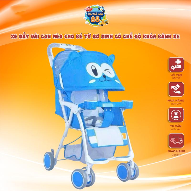  Xe đẩy VẢI CON MÈO cho bé từ sơ sinh có chế độ khóa bánh xe lót lưới thoáng khí 