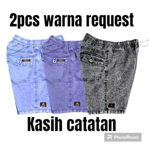 2 PCS CELANA PENDEK WARNA COWOK PRIA DEWASA BROADSHORT PINGGANG KARET ELASTIS KOLOR SANTAI NYAMAN Denim Kancing