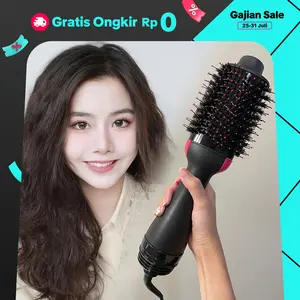 【COD】hairdryer one step brush and styler (sisir pengering, Meluruskan rambut & curly rambut elektrik 4in1) dengan kombinasi warna Hitam dan Merah muda Catokan