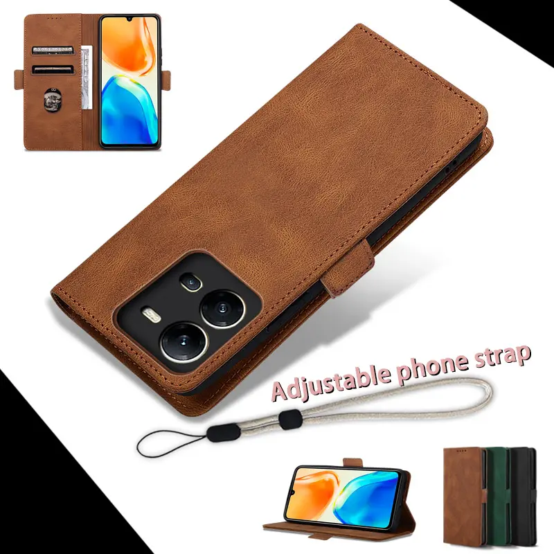Leather Case with Cover for VIVO V25 V25e, Case with Card Slot, Wallet Holder, Adjustable Phone Cord Case, Full Prevention