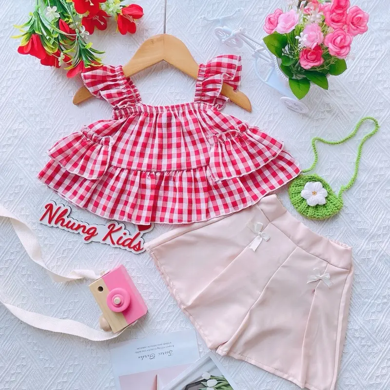 (8-13kg) Set bộ ngắn áo dây,quần ngắn đính nơ chất vải lụa lụa mịn mát cho bé từ 7 đến 12kg dưới 3 tuổi