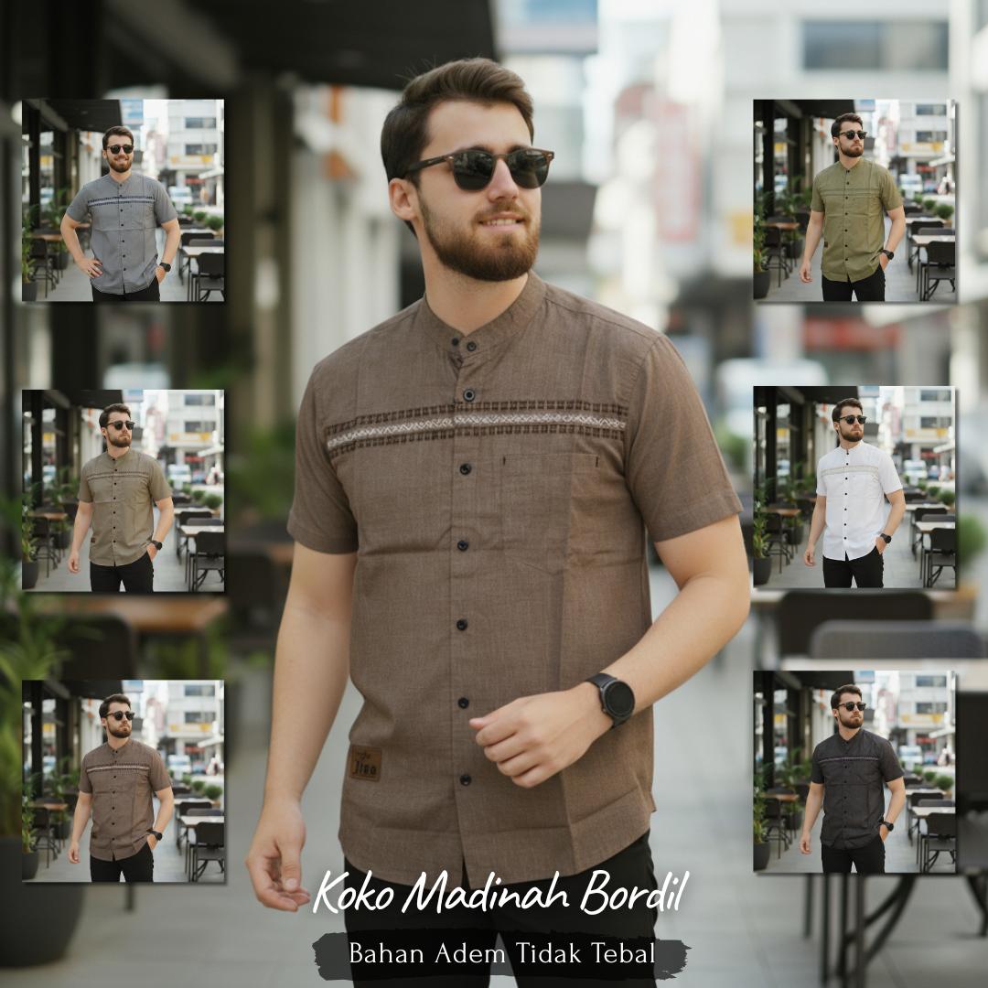 BJ KOKO Baju Koko Dewasa Motif Bordil Lengan Pendek Bonus Sarung Bahan Katun Madinah Terbaru 2026