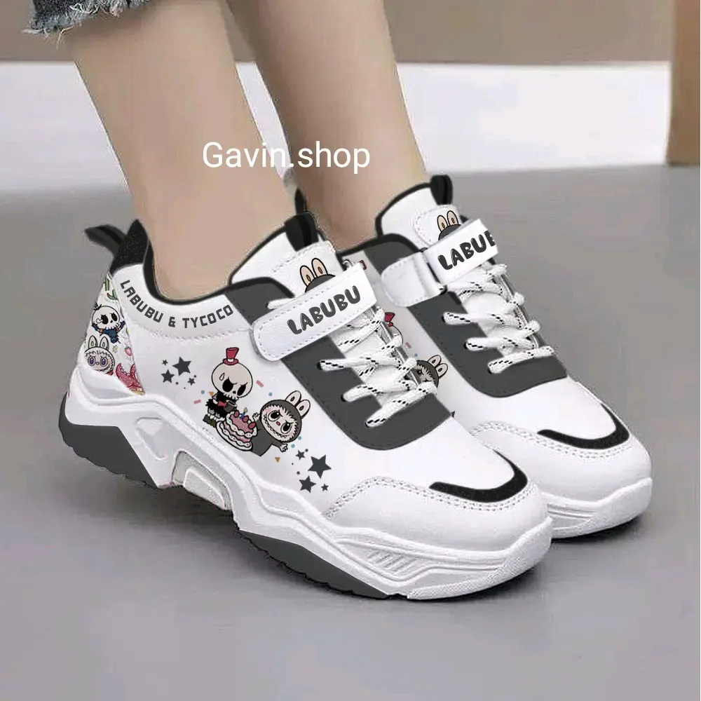 Sepatu Fashion Boneka Labubu Anak sneakers Perempuan cewek warna abu Paud Tk Sd size 26-35