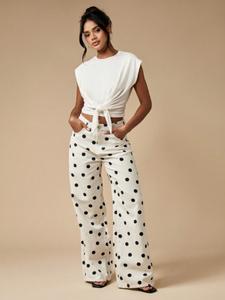 Pantalones de pierna ancha casuales para mujer con estampado de lunares abstractos y bolsillos sueltos, cómodos pantalones de cintura alta para uso diario