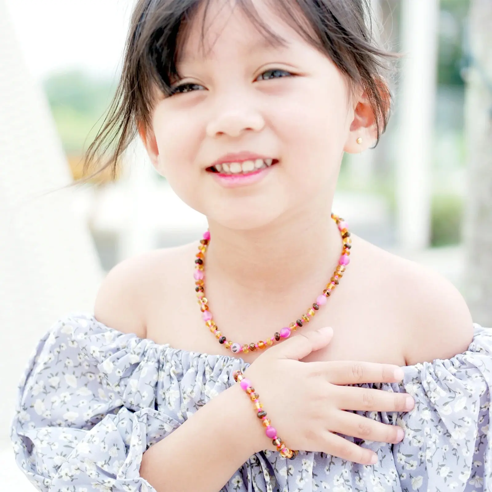 Amber Buddy | LE557 Kalung & Gelang Bayi Baltic Amber dengan Pink Lace Agate. 32cm & 14cm