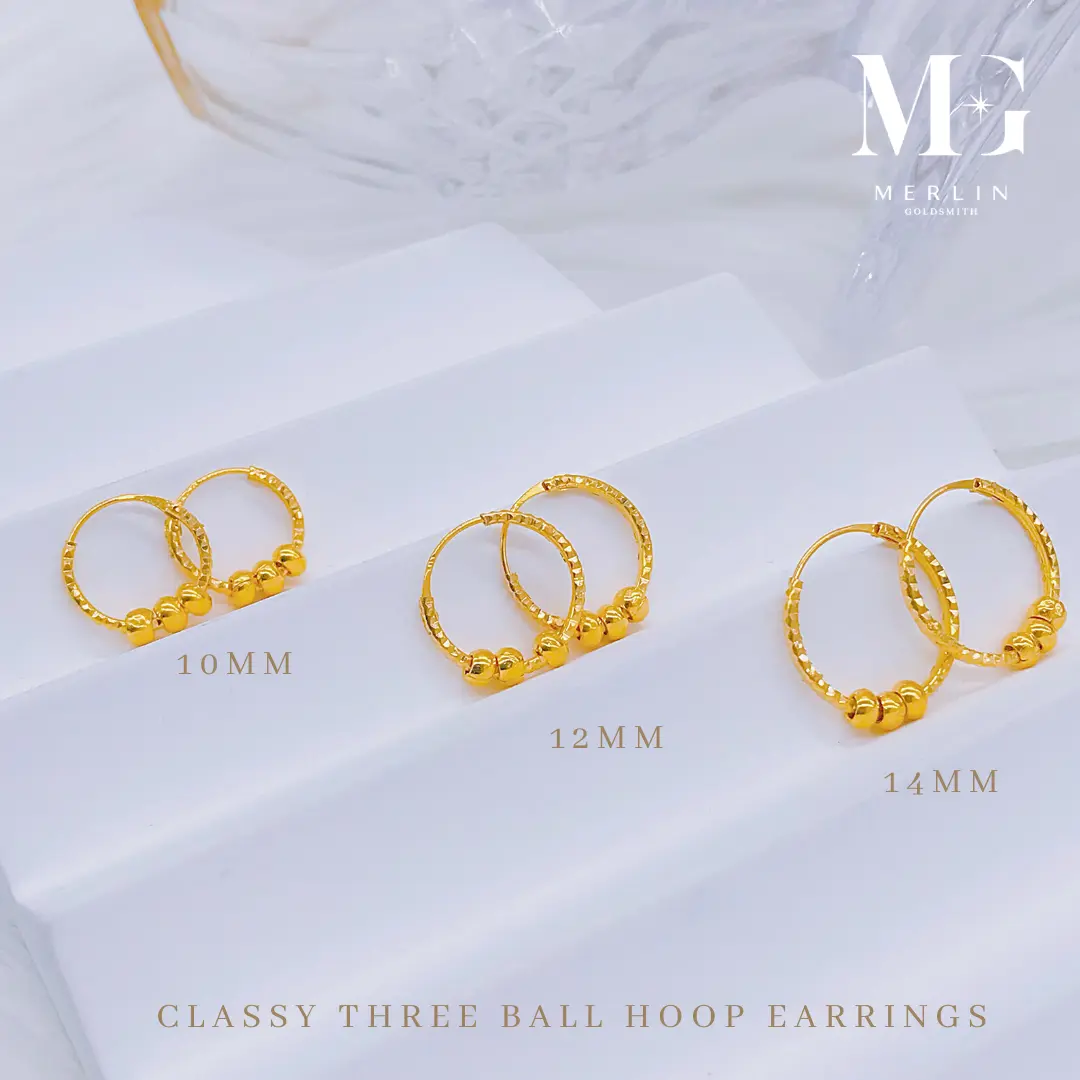 Merlin Goldsmith 916 22k Gold Classy Three Ball Hoop Earrings (10mm / 12mm / 14mm)